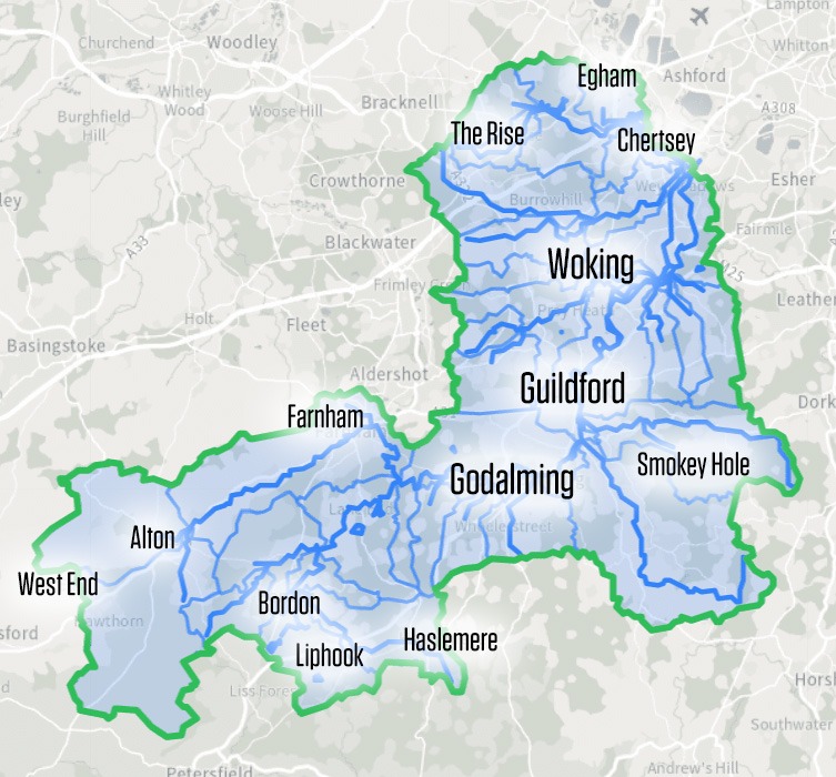 Map of the River Wey Catchment, which extends from Alton and Haslemere in the south to Egham in the north.